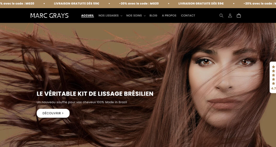 Création copywriting pour la boutique en ligne de vente de kit de lissage Brésilien : MARC GRAYS