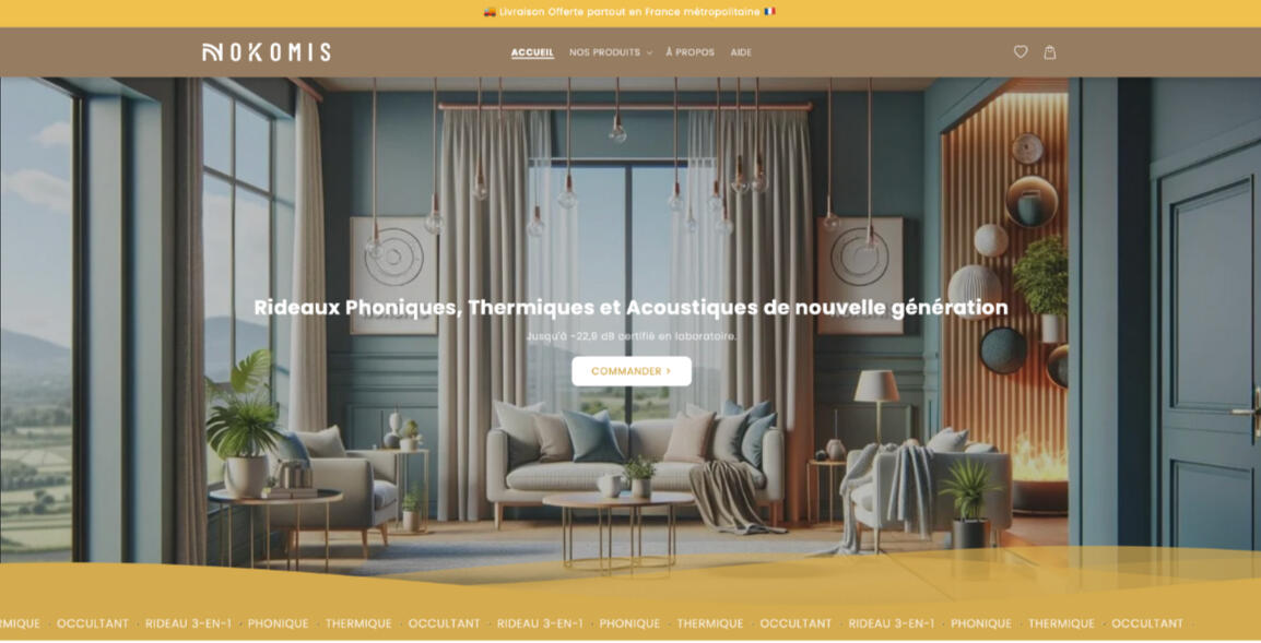 Création copywriting pour le projet e-commerce de rideaux phoniques : NOKOMIS